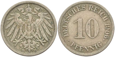 ГЕРМАНИЯ 10 ПФЕННИГОВ 1906 G KM 12, J. 13 медно-никель 34-744