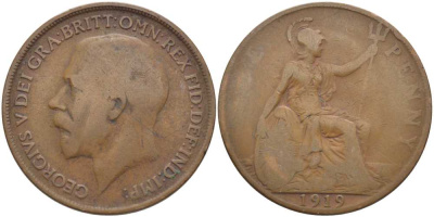 Великобритания 1 пенни 1919 Георг V (1910-1936) KM 810, Spink 4051 бронза 115-135
