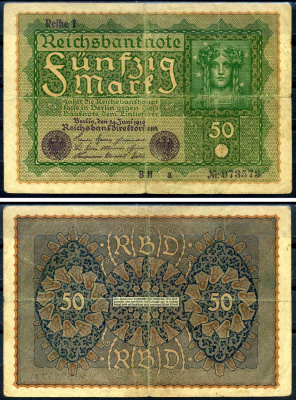 Германия 50 марок 1919 24 июня 1919, reihe I, серия BH, выпуск с ноября 1919 года Pick 66 (1), Rosenberg 62аа бумага 8619-26-1-2