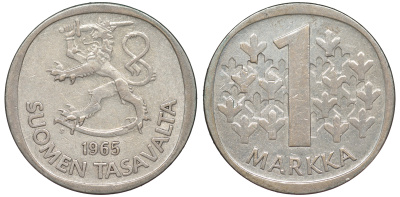 Финляндия 1 марка 1965 S KM 49 серебро 259-412