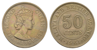 Малайя и Британское Борнео 50 центов 1961 Елизавета II (1952-2022), британские колония KM 4 медно-никель aUNC 4671-212