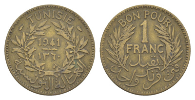 Тунис 1 франк 1941 KM 247 алюминиевая бронза 4179-532