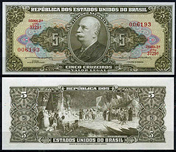 Бразилия 5 крузейро 1964 серия 3729, ESTAMPA 2A, Барао до Рио Бранко, подпись 13 Pick 176c бумага UNC (пресс) 447-15-1