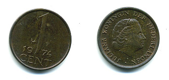 НИДЕРЛАНДЫ 1 ЦЕНТ 1974 ЮЛИАНА KM 180 бронза 76-315