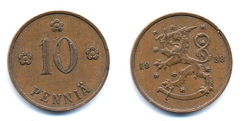 Финляндия 10 пенни 1938 KM 24 медь 51-5642