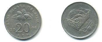 Малайзия 20 сенов 2006 цветок KM 52 медно-никель 176-1022