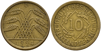 Германия 10 рентенпфеннигов 1924 E J. 309, KM 33 алюминиевая бронза    4603-752