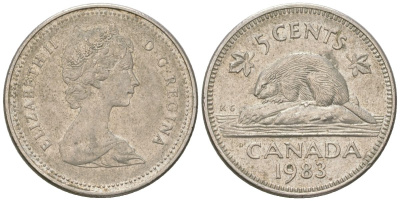 Канада 5 центов 1983 Елизавета II (1952-2022), бобр KM 60.2a медно-никель aUNC 4617-932