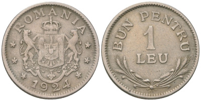 Румыния 1 лей 1924 Фердинанд I (1914-1927) KM 46 медно-никель 218-334