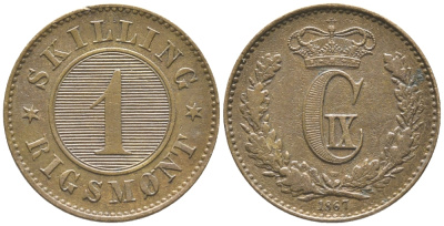 ДАНИЯ 1 СКИЛЛИНГ РИГСМОНТ 1867 КРИСТИАН IX (1863-1906) KM 774 бронза 34-527