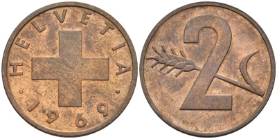 Швейцария 2 раппена 1969 KM 47 бронза 4592-611