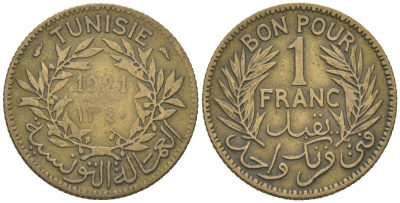 Тунис 1 франк 1921 KM 247 алюминиевая бронза 4615-926