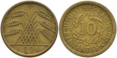 Германия 10 рентенпфеннигов 1924 E J. 309, KM 33 алюминиевая бронза    4603-752