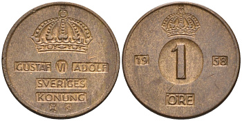 Швеция 1 эре 1958 Густав VI Адольф (1950-1973) KM 820 бронза 4580-1058