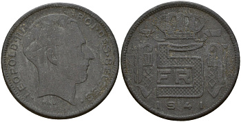 Бельгия 5 франков 1941 DES BELGES, Леопольд III (1934-1947) KM 130 цинк 4161-934