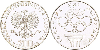 Польша 200 злотых 1976 MW, XXI олимпийские игры 1976 года в Монреале, кольца KM 86, Parchimowicz 306а серебро 413-1435