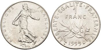 Франция 1 франк 1999 сеятель KM 925.1, Le Frank 226.47 никель 4519-336