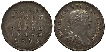Ирландия 10 пенсов 1805 банковский токен, Георг III (1760-1820) KM Tn3, Spink 6615 серебро 11-119-47