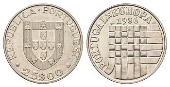 Португалия 25 эскудо 1986 Вступление в зону свободной торговли Европы KM 635 медно-никель UNC 4660-335