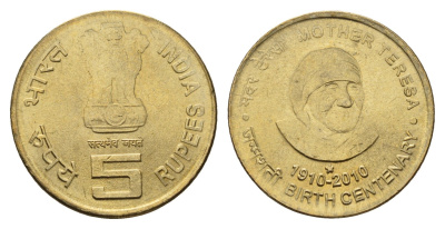Индия 5 рупий 2010 100 лет со дня рождения Матери Терезы KM 381 никель латунь UNC 4119-917