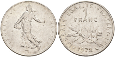 Франция 1 франк 1972 сеятель KM 925.1, Le Franc 226.17 никель 4513-734