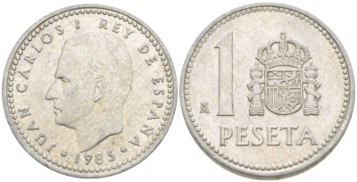 Испания 1 песета 1985 M, Хуан Карлос I (1975-2014) KM 821 алюминий 87-1521