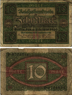 ГЕРМАНИЯ 10 МАРОК 1920 6 ФЕВРАЛЯ 1920, БУКВА Н, СЕРИЯ Р, СЕМЬ ЦИФР В НОМЕРЕ СЕРИИ Pick 67, Rosenberg 63а бумага 8616-9-2-2