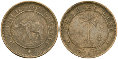 Либерия 1/2 цента 1937 KM 10 латунь 4174-347