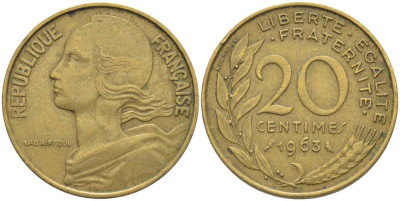 ФРАНЦИЯ 20 САНТИМОВ 1963 ТИП MARIANNE KM 930, LE FRANC 156.3 медь алюминий никель 175-811