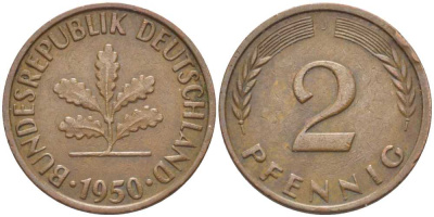 ФРГ 2 ПФЕННИГА 1950 J KM 106, J. 381 бронза 116-312