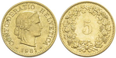 Швейцария 5 раппенов 1981 KM 26c алюминий латунь 4532-853