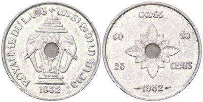 Лаос 20 центов 1952 король Сисаванг Вонг (1904-1959), слоны KM 5 алюминий 4121-1215