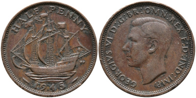 Великобритания 1/2 пенни 1945 Георг VI (1936-1952) KM 844, Spink 4115 бронза 28-855