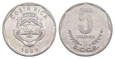 Коста-Рика 5 колонов 1989 KM 214.1 нержавеющая сталь 4635-1251