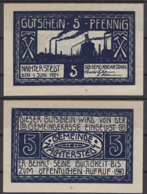 Нахтерштедт 5 пфеннигов 1921 DeNG 2 922.1-1/4 бумага UNC (пресс) 8612-15-1-1