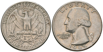 США 25 центов (квотер) 1965 Вашингтон KM 164a медь плакированная медно-никелем 4601-814