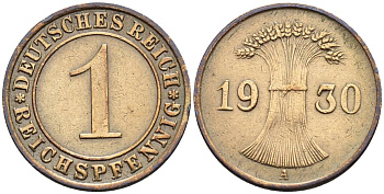 ГЕРМАНИЯ 1 РЕЙХСПФЕННИГ 1930 A KM 37, J. 313, Weege 2 бронза 4547-144