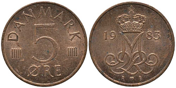 ДАНИЯ 5 ЭРЕ 1983 R; B, МАРГРЕТЕ II (1972-) KM 859.3 железо плакированное медью 116-161
