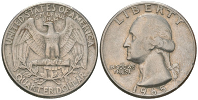 США 25 центов (квотер) 1965 Вашингтон KM 164a медь плакированная медно-никелем 4601-814