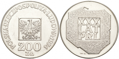 Польша 200 злотых 1974 MW, 30 лет Народной Республике KM 72, Parchimowicz 304а серебро 69-332