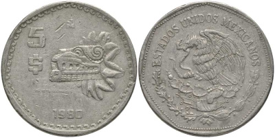 МЕКСИКА 5 ПЕСО 1980 KM 485 медно-никель 109-1011