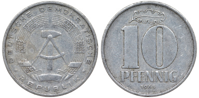 ГДР 10 ПФЕННИГОВ 1965 А алюминий 62-726