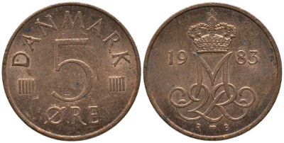 ДАНИЯ 5 ЭРЕ 1983 R; B, МАРГРЕТЕ II (1972-) KM 859.3 железо плакированное медью 116-161