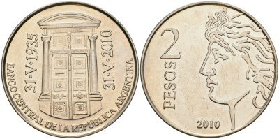 Аргентина 2 песо 2010 75 лет Центральному Банку KM 162 медно-никель UNC 08-1223