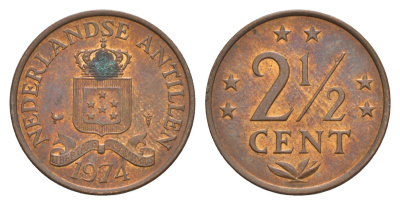 Нидерландские Антильские острова (Нидерландские Антилы) 2 1/2 цента 1974 Юлиана (1948-1980) KM 9 бронза 4649-867