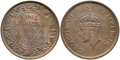 Британская Индия 1/4 анна 1942 Георг VI (1937-1952) KM 531 бронза aUNC 4364-2312