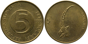 Словения 5 толаров 1999 KM 6 латунь 4548-1032