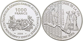 Центральная Африка (BEAC) 1000 франков 2004 чемпионат мира по футболу в Германии FIFA Камерун, 2006 KM 23 серебро PROOF 01-168-12