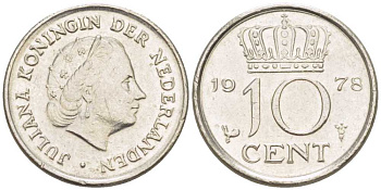Нидерланды 10 центов 1978 Юлиана (1948-1980) КМ 182 никель 211-1239