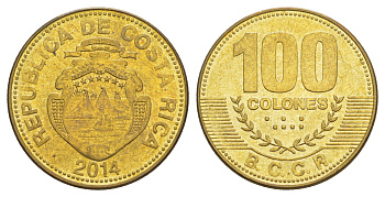 Коста-Рика 100 колонов 2014 KM 240a сталь плакированная латунью UNC 4642-956